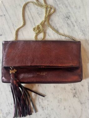 RADLEY LONDON Burgundy Leather Tassel Crossbody with Gold Chain
